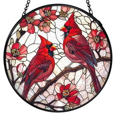 FUGWN Cardinal Bird 스테인드 글라스 창문 걸이 레드 카디널 플라워 햇빛 캐처 실내 원형 유리 벽 아트 데코 새 선캐처 벽걸이 장식 원예 및 잔디 관리 24, FUGWN Cardinal Bird 스테인드 글라스 창