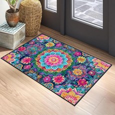 모던 기하학적 원형 미끄럼 방지 부분 러그 61.4 x 91.4cm(2 x 3피트) - 블루 오렌지 추상 패턴 낮은 파일 카펫 거실 사무실 입구 세탁 가능한 현대적인 바닥, 보헤미안 만다라