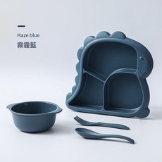 兒童寶寶分格餐盤 可愛卡通輔食訓練加厚餐具組, 恐龍套裝4件套碗盤勺叉, 1套, 霧霾藍