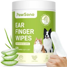 반려견과 고양이를 위한 이어 핑거 물티슈 50매 알로에 향 탈취 및 천연 안심 성분 반려동물 귀 세정 물티슈, 50 Count