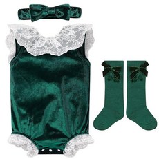 FYMNSI My First Christmas 여아용 의상 꽃무늬 레이스 벨벳 롬퍼 머리띠 양말 유아 겨울 첫 번째 생일 의상 초록색. 234622