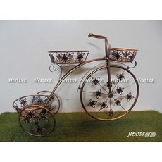 House傢飾館 鄉村風格古銅金鐵製三輪車造型三格花架, 1個