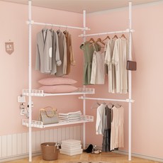 하이주 튼튼한 옷걸이봉+수납선반 세트 스프링식 압축봉 행거 너비조절 가능, 화이트, 3단+선반*2