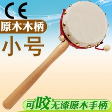 老式原木撥浪鼓牛皮嬰兒手搖鼓木質玩具兒童貨郎鼓木幼兒小鼓, 1個, 小號 原木柄 紅圈
