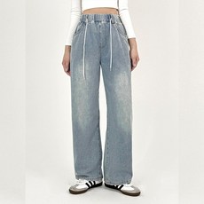 바이일이오 여성 밴딩 워싱 와이드 데님 팬츠