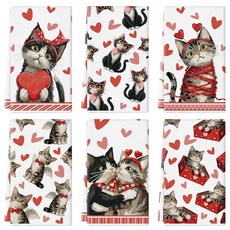 QIONG MENG 발렌타인 데이 키친 타월 35.6 x 53.3cm(14 21인치) 고양이 주방 접시 핸드 계절 휴일 기념일 실내 욕실 장식 선물 6개 세트