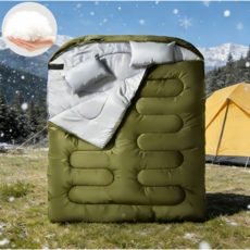 2인 침낭 초대형공간 휴대용 방수 야외 압축 침낭 커플 침낭 캠핑 침낭 동계 이불 3kg 베개 2개포함 + 수납가방, 1개, 카키