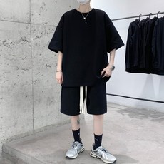 【港風慵懶】運動套裝 男士套裝 休閒套裝 夏季套裝 短袖短褲 華夫格面料 寬鬆大碼 情侶款 居家運動兩穿