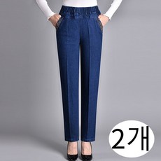 KOSARTE 1+1 중년 여성 봄여름 밴딩 스판 와이드 데님 팬츠 하이웨스트