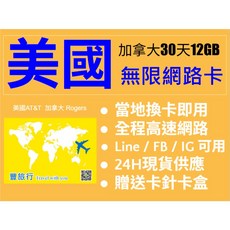 【免開通免設定】美國加拿大三國卡 上網卡 漫遊卡 無需開卡 網路卡 夏威夷 關島 阿拉斯加, 1個, 美國+加拿大30天共12GB