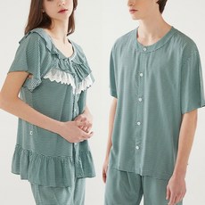 그린그레이 프릴 차이나카라 친환경 인견잠옷 냉감 파자마 원피스 여름 반팔 커플잠옷