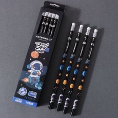 【臺灣-出貨】兒童宇航員鉛筆12支盒裝學生專用無毒卡通一年級素描自帶橡皮鉛筆 WYKV, 1個, 宇航員款鉛筆（四支裝）黑色