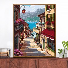 【TangZhen】유화그리기 유화그리기세트 디지털 유화 풍경 지중해 대폭 거실 야색 디지털 채색 손그림 장식화 호숫가 별장, 40*50 어셈블리 외곽선(색상 노트) 추가, 433 레저 산장, 1개