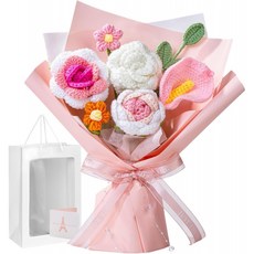 手工毛線花束編織永生格桑花成品伴手禮情人節裝飾仿真, 馬蹄蓮玫瑰粉色花束(送禮袋賀卡):如圖所示