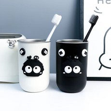 可愛煤球貼片牙刷杯 304不鏽鋼卡通情侶漱口杯 簡約創意牙刷收納杯, 【黑白情侶款】+4m豆, 1個