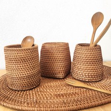 다용도 라탄 꽂이 연필 조리도구 수저통 원형 라탄 바구니, 1개, 원형 사다리형