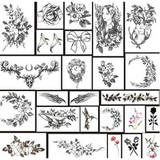 DDULSHOP 花朵圖案紋身貼紙組 黑色 L號 25入, 單色, 1套