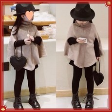 女童秋冬高領斗篷披肩 兒童針織毛衣上衣