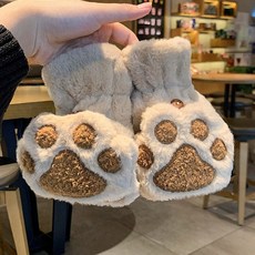 可愛小熊掌毛絨手套 女生冬季翻蓋露指學生加厚保暖防寒手套
