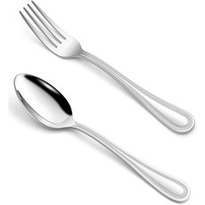 Haware 24피스 포크 및 스푼8인치 실버웨어 세트 가정 주방 레스토랑을 위한 180 스테인리스 스틸 서빙 플랫웨어 커틀러 미러 폴리싱 식기세척기 안전, Pearled Edge, 24 pieces