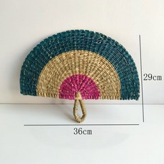 台灣出貨 越南手工編織海草扇 夏天手搖扇 民族風特色壁掛裝飾扇 舞蹈演出道具 越南草编扇 手工海草扇 草編手扇, 1個, 半邊玫紅藍海草扇大36*29cm