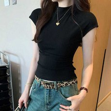 반팔 캡소매 무지 티셔츠 하프넥 여자 여름 코디 쫄티 나그랑반팔티 꾸안꾸 셔츠 크롭