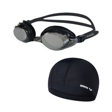 SILVERSPIN 泳鏡 SGT-601M+arena泳帽, 黑色+黑色