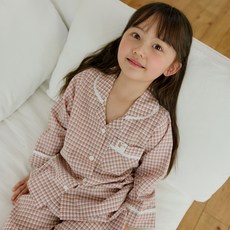 원더풀라이프 국산 순면 여아 여 주니어 멜팅 핑크 체크 긴팔 상하 잠옷 홈웨어 세트
