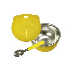 Fun Mama 不鏽鋼三色碗組 兒童餐具, 1個, 有孔蓋/長湯匙/碗 ,黃色組(不可混色混搭)