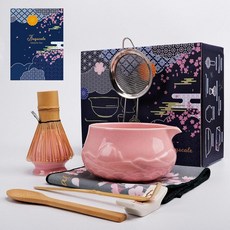 Joyscale 말차 거품기 세트 세트 및 그릇 8피스 키트 세트(릴리프 마운틴 디자인) 532.3ml(18온스) 일본 차 애호가를 위한 만들기 선물(모틀드 그린)163, 핑크