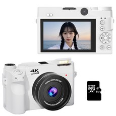 RUNHome WIFI 4K 고급 디지털 카메라 앞뒤 7500W 캠코더 선물 여행용 인생+64GB 메모리, 화이트