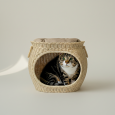 고양이 라탄 하우스 2단 반려동물 베드 라탄 펫 하우스 숨숨 스크래쳐 침대 쿠션, 루마라탄 펫하우스 (왕관 내추럴)