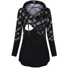 [ 758386 ] 퀸느 여성용 긴소매 격자 무늬 컬러블록 수유 풀오버 후드 스웨트셔츠 블랙 그레이 격자무늬