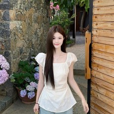 투니스 여성 슬림 웨이스트 스퀘어넥 펀칭 자수 반소매 셔츠