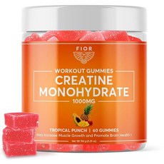 FIOR 크레아틴 젤리 - 최고의 크레아틴 모노하이드레이트 츄어블 60개 운동 및 단백질 보충제 인지 향상 트로피컬 펀치 맛 30회 분량, FIOR 크레아틴 젤리 - 최고의 크레아틴 모노하이드레, 1개, 60