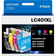 Brother LC401XL 잉크용 교체용 잉크 카트리지(MFC-J1170DW J1010DW J1012DW 프린터용)(검정 시안 마젠타 노랑 4개 팩), Brother LC401XL 잉크용 교체용 잉크 카트리