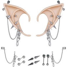 FRESHME 실버 피어싱이 달린 요정 엘프 귀 2쌍 - 고딕 엘프 이어 커프 스컬 로즈 크로스 스터드 스털링 귀걸이 메탈 실버 보석 없음, 고딕 엘프 이어 커프 - 스털링