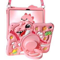 Boaretiu 태블릿 케이스 - 귀여운 만화 소프트 실리콘 커버 조절 가능한 어깨끈 및 회전 스탠드 남아 여아 아동용 삼성 갤럭시 탭 A9+ 2023 케이스 그린 공룡, for iPad 10th/for iPad A16 11t, 3-핑크