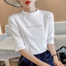 여성 반팔 목티 7부 여름 반목 탑 반폴라 프린트 슬림 여성용 넥 코튼 셔츠