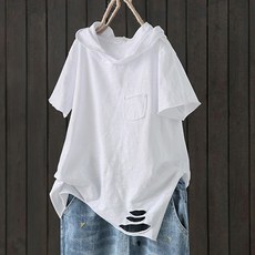 지디오 여성 반팔 후드 티셔츠 트임 포켓 무지 후드티 여자반팔티 여름