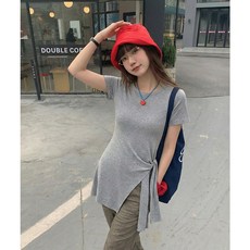 디자인 감각이 돋보이는 언밸런스 밑단 끈 장식 반소매 티셔츠 여성용 봄 라운드넥 미디엄 롱 상의