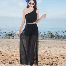 氣場全開禮服式度假百搭連體泳衣女長裙斜肩沙灘泳裝, M-1適合95-105斤