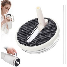 SAVORI 40온스 텀블러 플립 빨대 뚜껑 교체용 Stanley Quencher H2.0용 라인스톤 텀블러용 누수 방지 뚜껑 컵용 흘림 크림-블랙 라인스톤, SAVORI Cream-Black Rhinestone, 40 oz