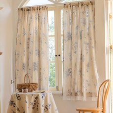 感性小屋 蕾絲亞麻雙層窗簾, 藍色大花