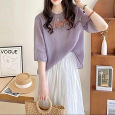 여성 레트로 자수 린넨셔츠 코튼 린넨 캐주얼 루즈핏 셔츠 여름 2025 파이브 슬리브 출퇴근 스타일 얇은 모델 코트