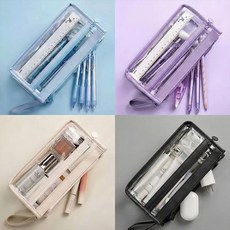 모든 심플 투명 3단 대용량 필통 새학기 고학년 입학 선물 수납력 넉넉한 파우치, 1개, 아이보리