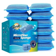 SCRUBIT 재사용 가능한 식기용 스펀지 12팩 극세사 주방 식기 수세미 세탁기 세척 가능 및 긁힘 방지 오렌지, Blue