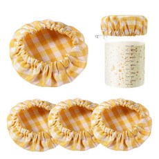 사워도우 스타터 병용 천 커버 4개 격자 무늬 면 치즈 빵 발효 커버 신축성 있고 표백되지 않은 재사용 가능한 뚜껑 커버 8.6cm(3-4x2.54cm) 병 입구용 (옐로우)