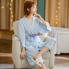 남성 여성 샤워 잠옷, 와플연블루 여성 긴팔, 1개
