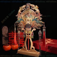 巨匠工廠 雙面雙色重工中式團扇 新娘結婚喜扇DIY材料包 手工婚禮秀禾喜扇子, 1個, 雙面雙色-星河璀璨紅金五龍,材料包+木質扇架+禮盒禮袋